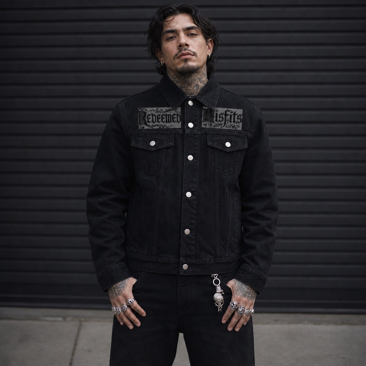 'LA VITA DI CRISTO' Unisex Vintage Wash Denim Jacket | BLACK