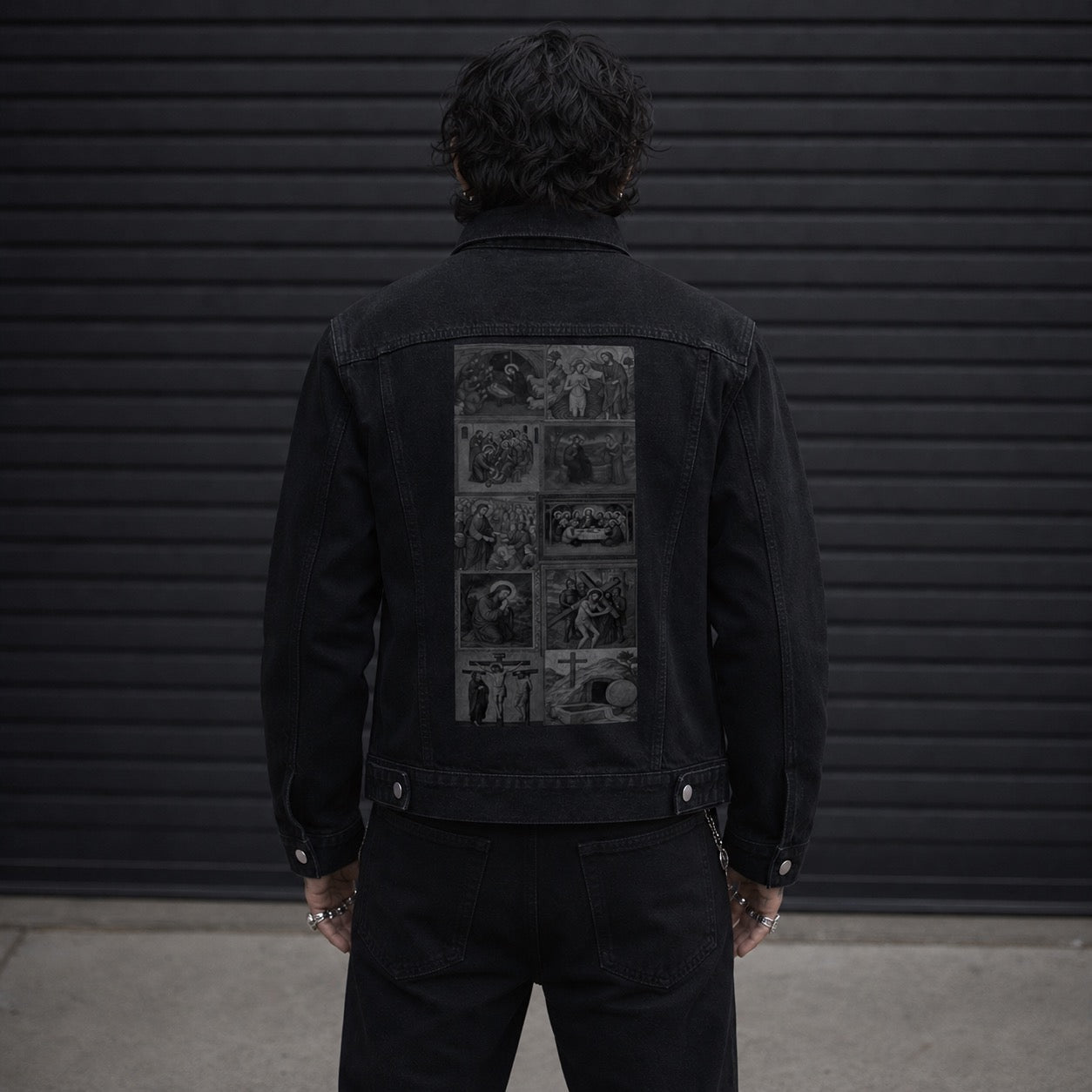 'LA VITA DI CRISTO' Unisex Vintage Wash Denim Jacket | BLACK