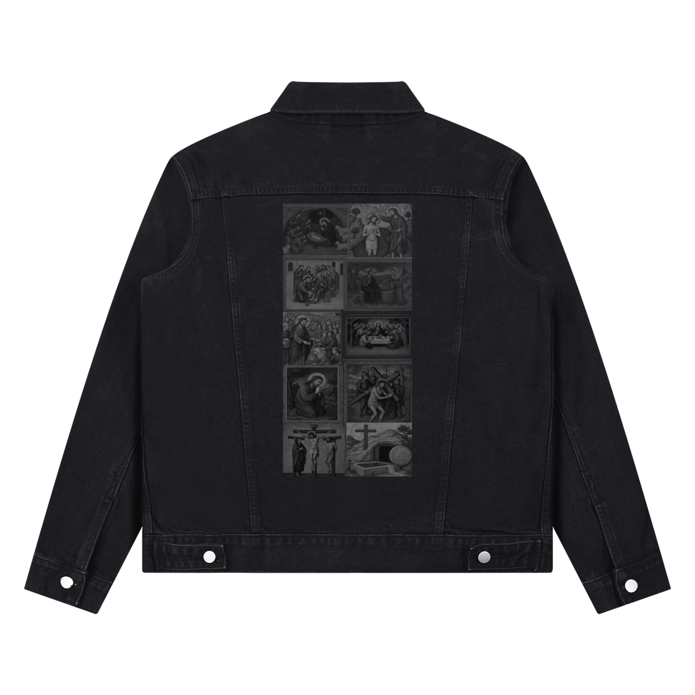 'LA VITA DI CRISTO' Unisex Vintage Wash Denim Jacket | BLACK