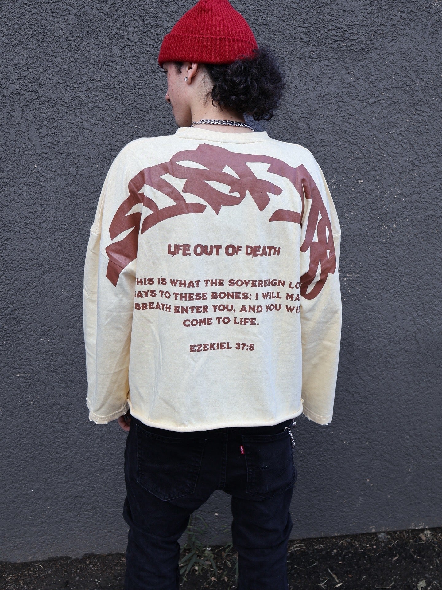 'VALLEY OF DRY BONES' CROPPED/OVERSIZED LONG TEE- CREAM