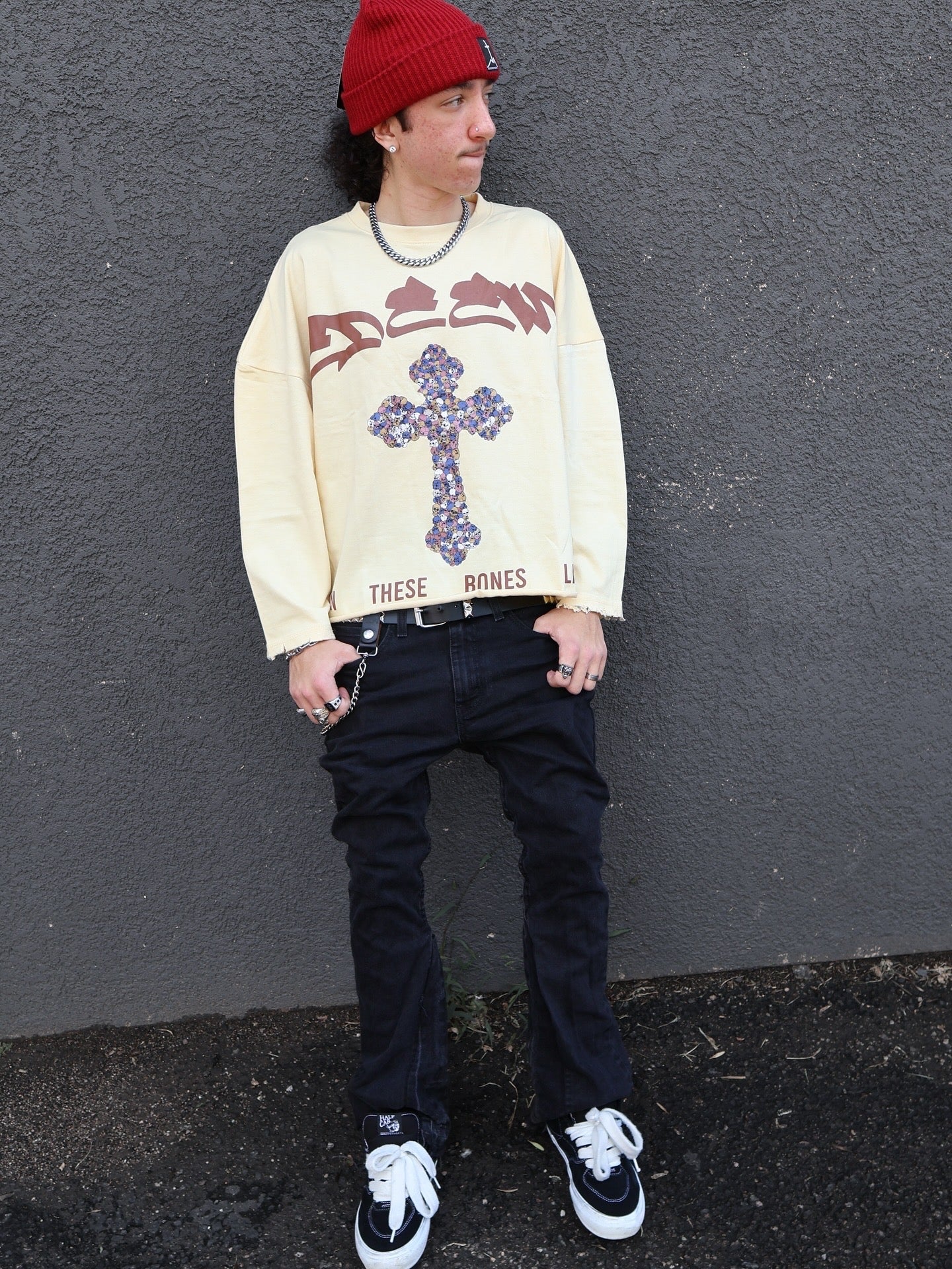 'VALLEY OF DRY BONES' CROPPED/OVERSIZED LONG TEE- CREAM