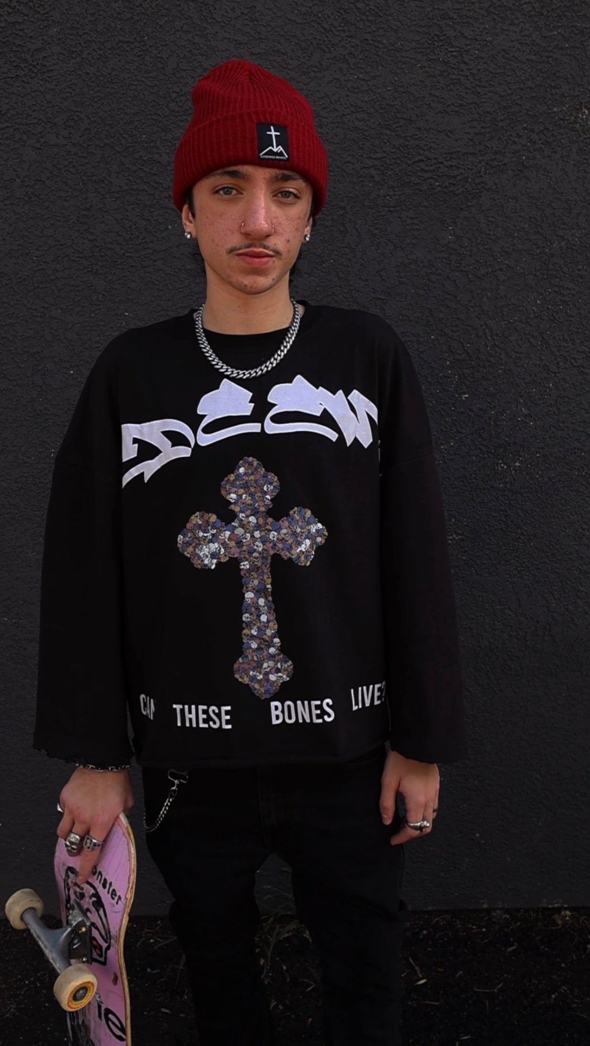 'VALLEY OF DRY BONES' CROPPED/OVERSIZED LONG TEE- BLACK