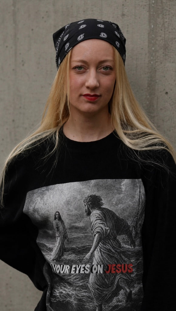 'FIX YOUR EYES ON JESUS' - Raw Hem Waffle Long sleeve