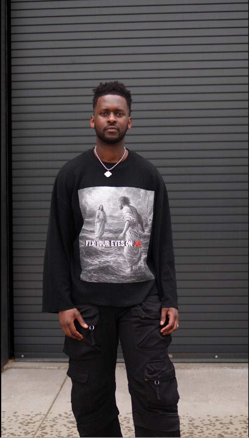 'FIX YOUR EYES ON JESUS' - Raw Hem Waffle Long sleeve